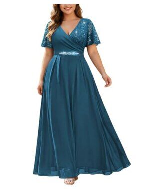 Plus Size Formal Sequin Lace Chiffon A-Line Maxi Dress Butterfly Sleeve